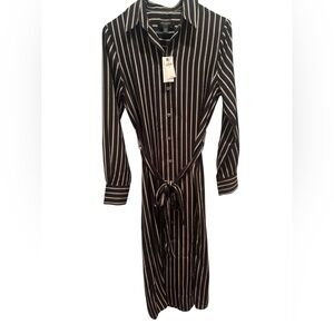 Banana Republic Black Dress with Cream Pinstripes, Button-Front Tie-Waist